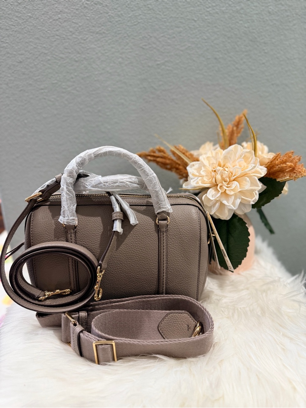 Tory Burch Thea Pebbled Leather Satchel with double starp